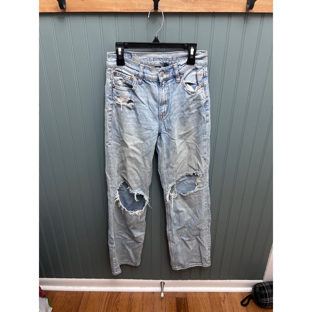 American Eagle Stovepipe High Rise Distressed Straight Leg Jeans Light Wash 00S